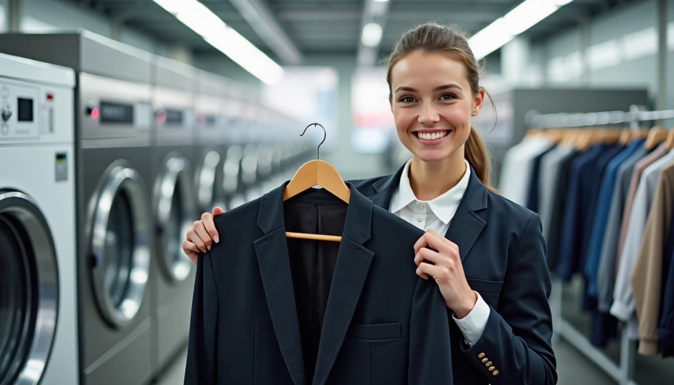A woman in a suit holds a suit jacket on a hanger, smiling in a laundromat with washing machines and clothing racks in the background.